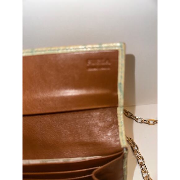 FURLA Light Green Genuine Leather Long Wallet Purse Used aftermarket chain incl - Picture 8 of 16